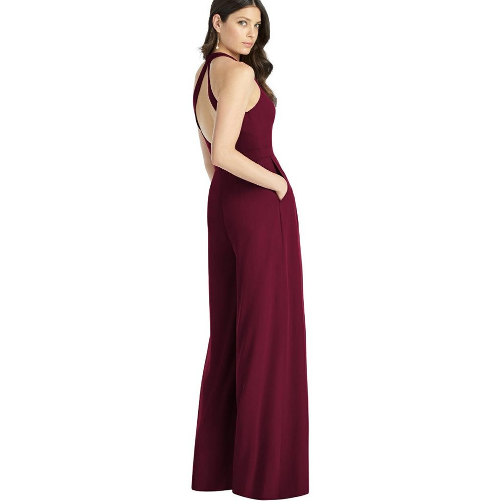 Dessy Group Cabernet V-Neck Backless Pleated Front Jumpsuit